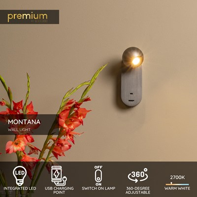 Lucide MONTANA - Wall light - LED - CCT - 1x6,3W 2700K/4000K - With USB charging point - Grey iron | Premium